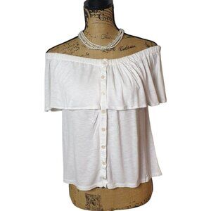 AE Soft & Sexy Slub Off/On-Shoulder Top S White Button-Front Drape Cottage Top